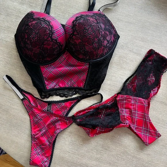 Victoria's Secret Red Plaid and Black Lace Bustier panty set of 3 34d/ medium - Picture 3 of 6